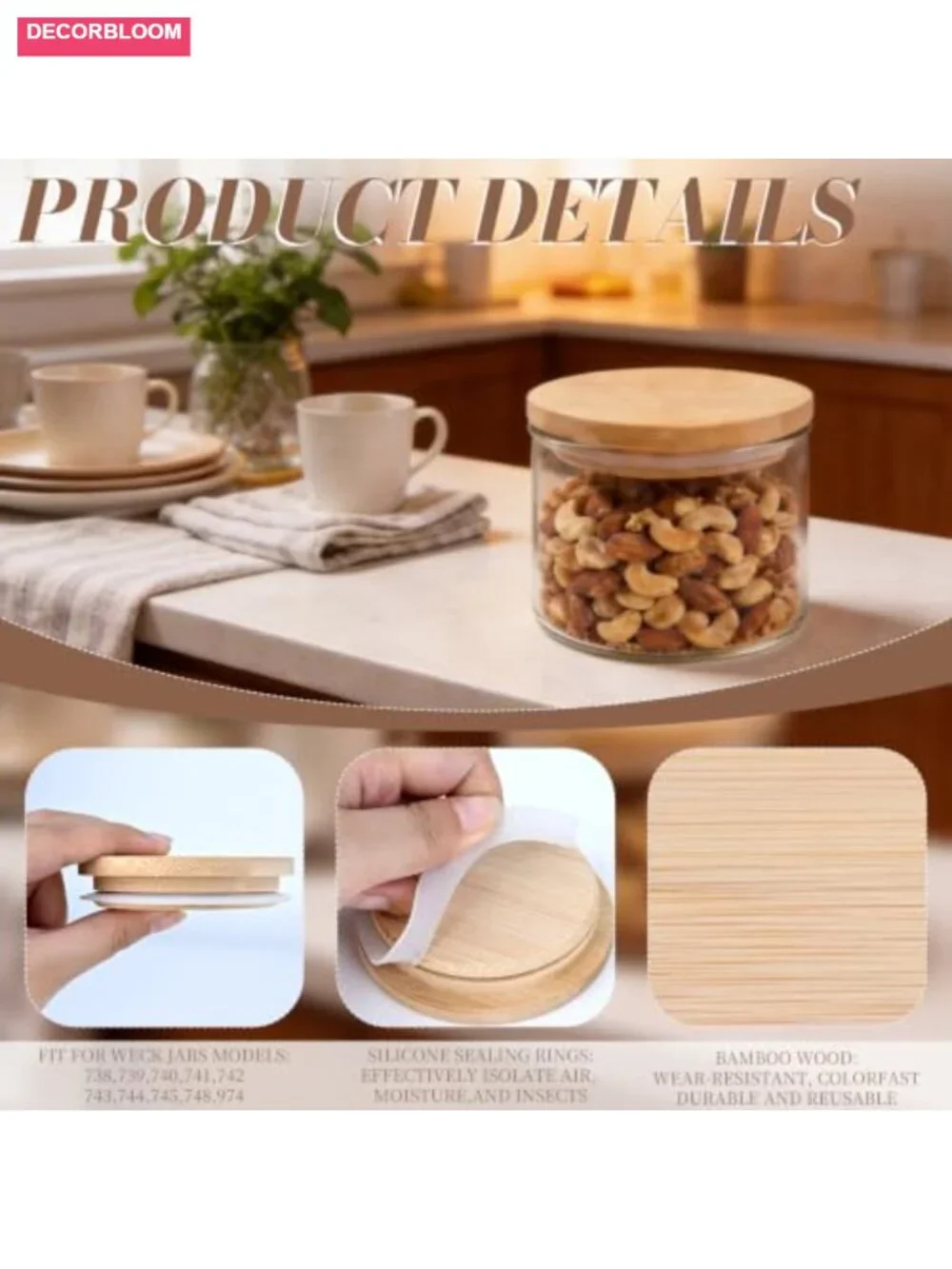 2 Pack 80mm Wide Mouth Bamboo Mason Jar Lids with Airtight Silicone Seal